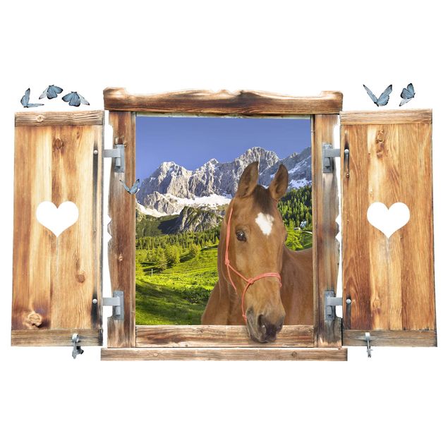 Sticker mural 3d Fenêtre avec cœur et cheval prairie alpine de Styrie