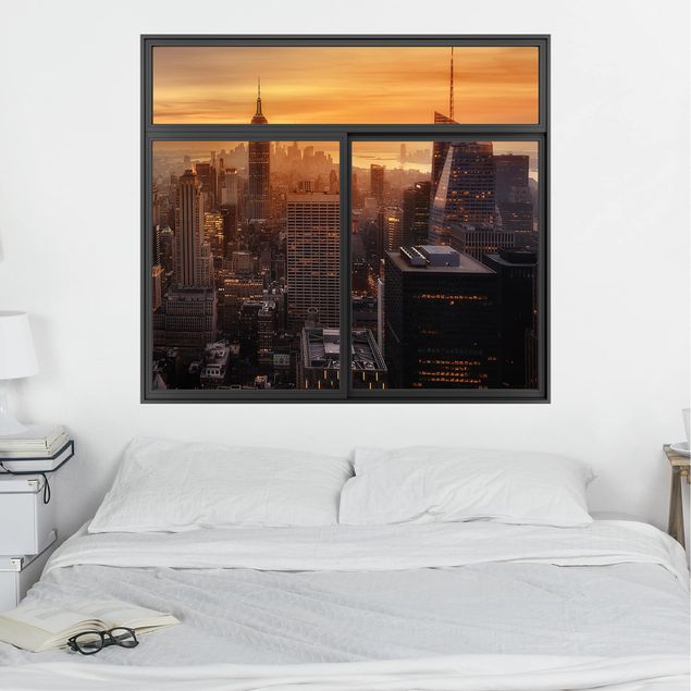 Stickers muraux villes Fenêtre Noire Manhattan Skyline le soir