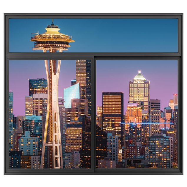 Déco mur cuisine Fenêtre Noire Seattle Skyline en rose