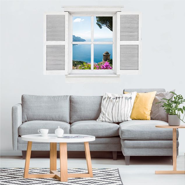 Stickers muraux iles Fenêtre à battant Vue du jardin sur la mer