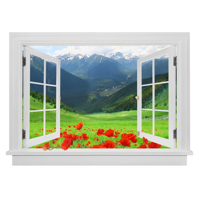 Stickers muraux 3d Fenêtre ouverte prairie alpine et coquelicots