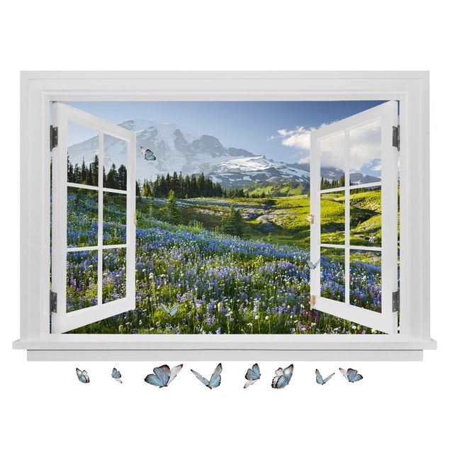 Stickers muraux fleurs Fenêtre ouverte Mountain Meadow With Flowers In Front Of Mt. Rainier And Butterflies
