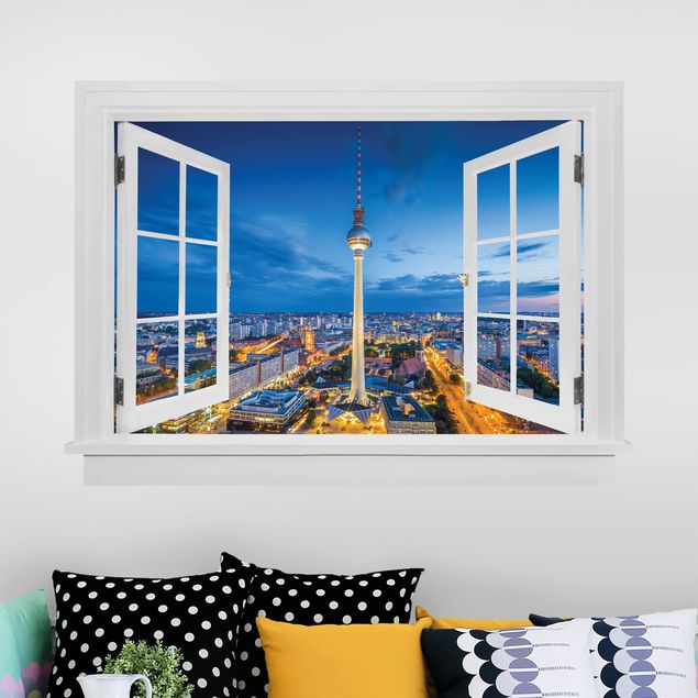 Stickers muraux villes Fenêtre ouverte Berlin Skyline dans la nuit avec tour de la télé
