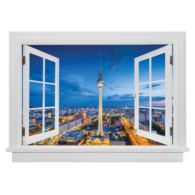 Décorations cuisine Fenêtre ouverte Berlin Skyline dans la nuit avec tour de la télé