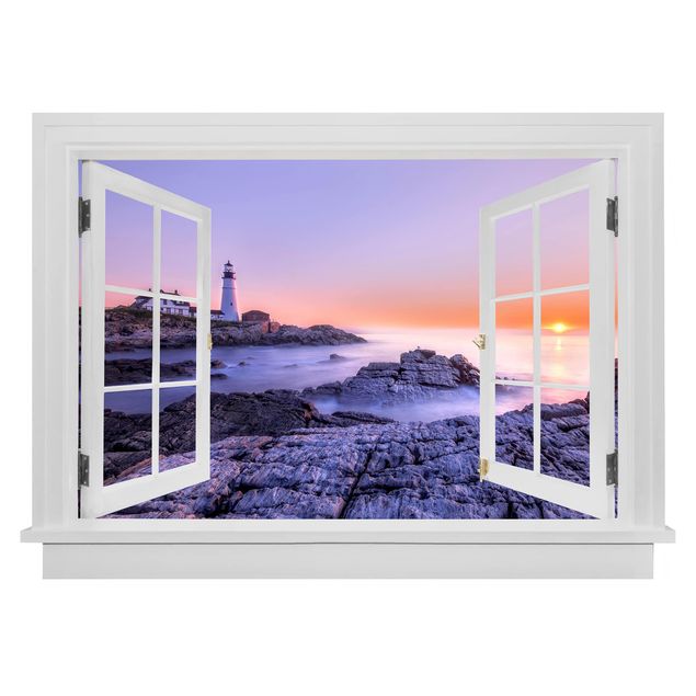 Autocollant mural 3d Fenêtre ouverte Lighthouse In The Morning