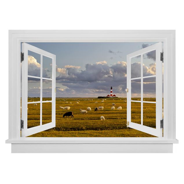 Stickers muraux 3d Fenêtre Ouverte Phare de la Mer du Nord avec Troupeau de Moutons