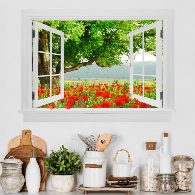 Déco mur cuisine Fenêtre ouverte Prairie d'été avec boîte à fleurs