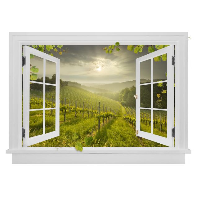 Stickers muraux 3d Fenêtre ouverte Rayons de soleil Vignoble avec vignes et raisins