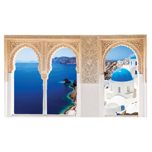 Stickers muraux iles Fenêtre décorée Vue sur Santorin