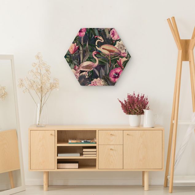 Tableaux en bois avec fleurs Collage coloré - Flamants roses dans la jungle