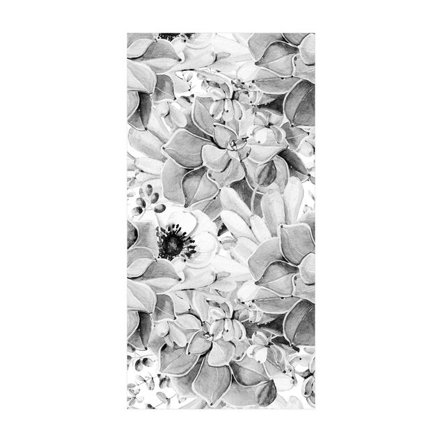tapis modernes Aquarelle - Succulente avec fleur en noir et blanc