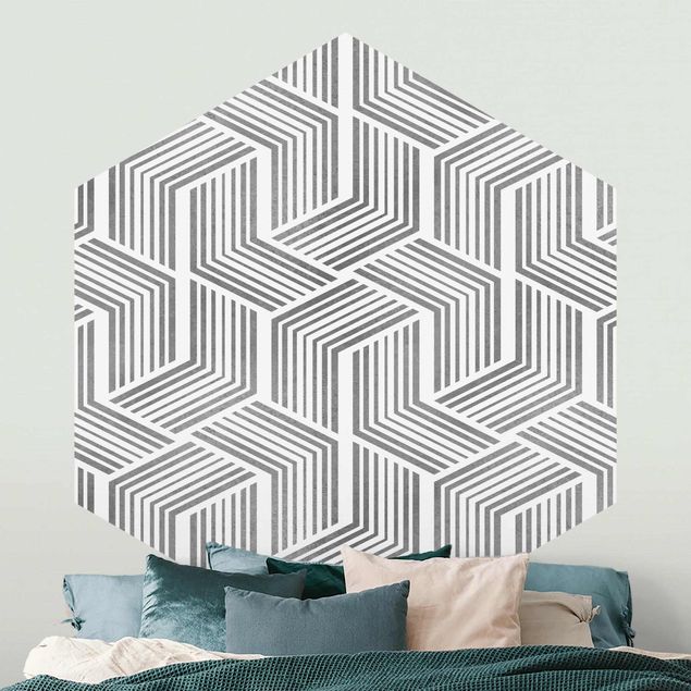 Papier peint motif geometrique 3D Pattern With Stripes In Silver