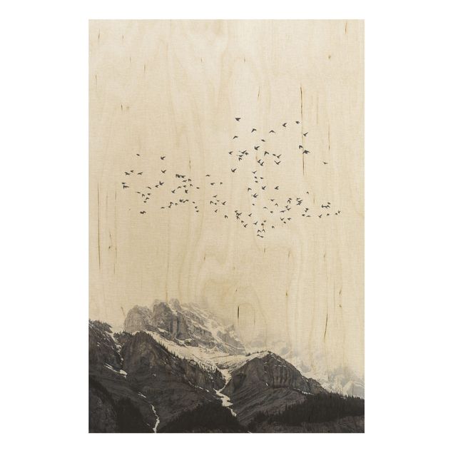 Tableaux en bois avec paysage Volée d'oiseaux devant des montagnes noir et blanc