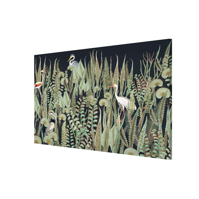 Tableaux modernes Flamant et Cigogne avec plantes sur fond vert
