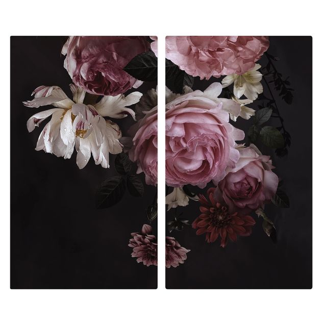 Cache plaques de cuisson en verre - Pink Flowers On Black