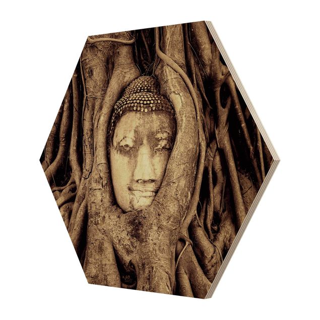 Tableaux bois Bouddha d'Ayutthaya doublé de racines d'arbre en brun