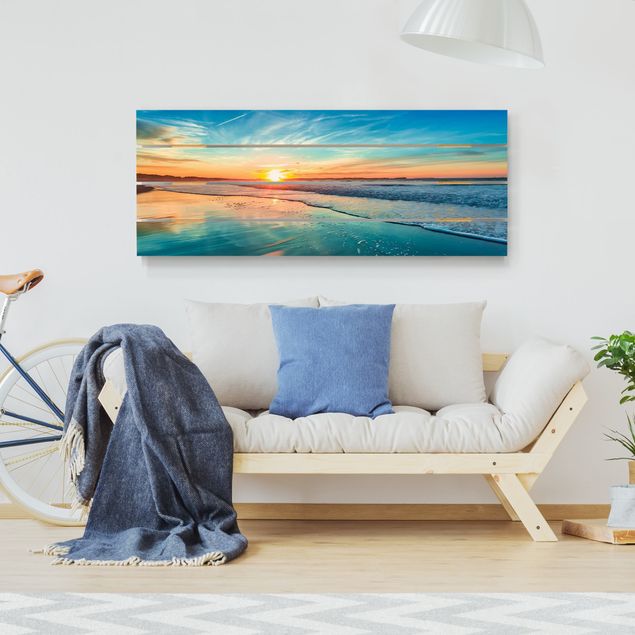 Tableaux en bois avec plage & mer Coucher de soleil romantique au bord de la mer