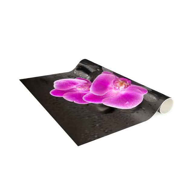 tapis salon moderne Fleur Orchidée Rose sur Pierres avec Gouttes