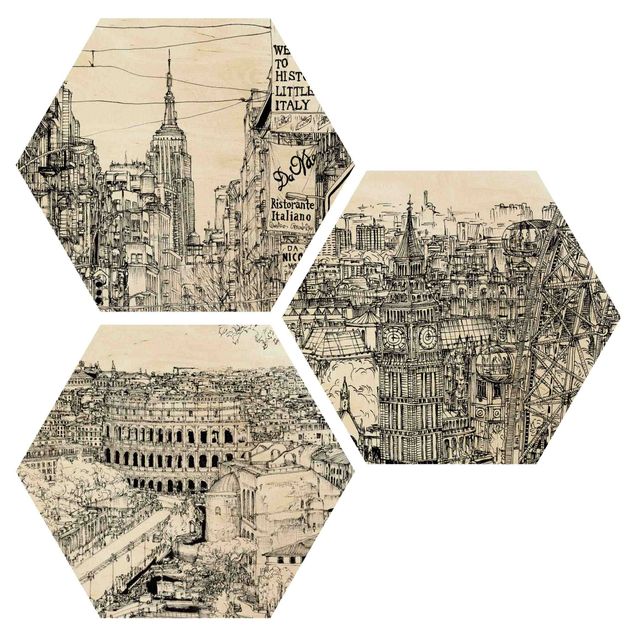 Hexagone en bois - City Studies - New York - London - Rome