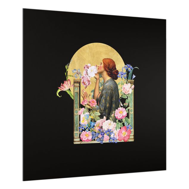 Tableaux de Uta Naumann Cercle d'or derrière une dame avec des fleurs