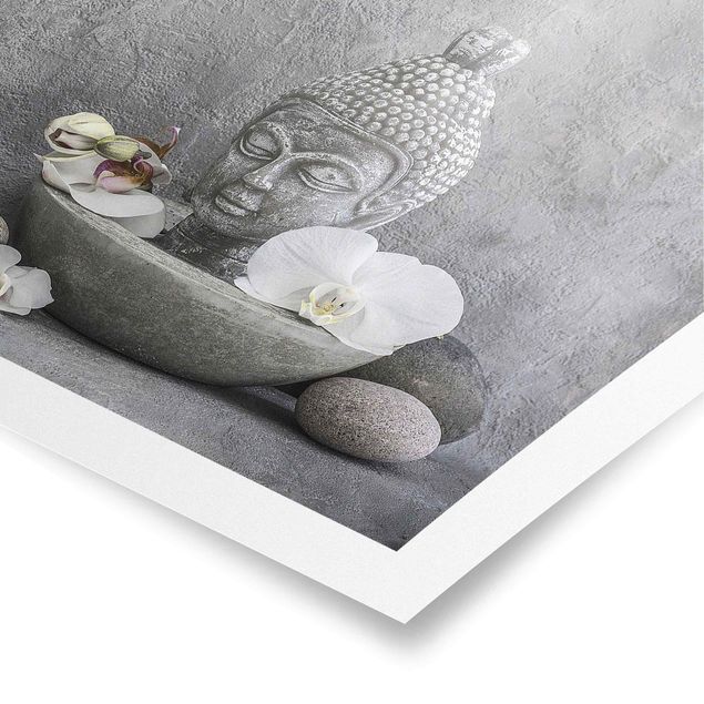 Tableau reproduction Bouddha Zen, Orchidée et Pierre