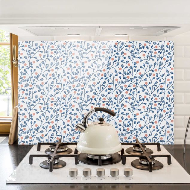 Déco mur cuisine Blue Plant Pattern With Dots In LIght Pink