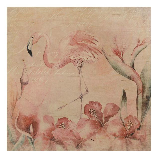 Tableaux en bois avec fleurs Collage Shabby Chic - Flamingo