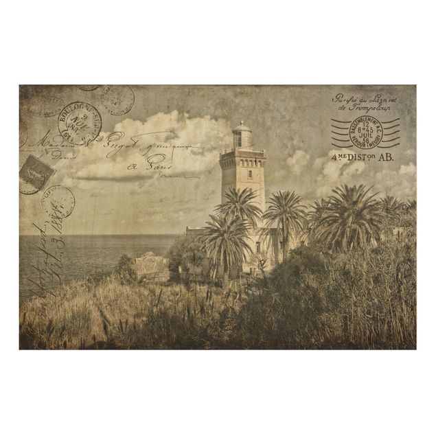 Tableaux en bois avec paysage Phare et Palmiers - Tableau Vintage postale