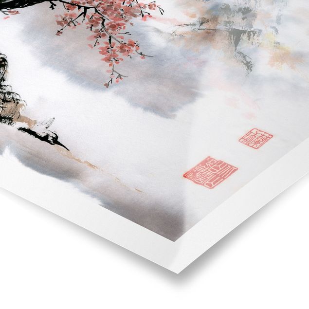Tableaux nature Dessin aquarelle japonais Cerisier et montagnes