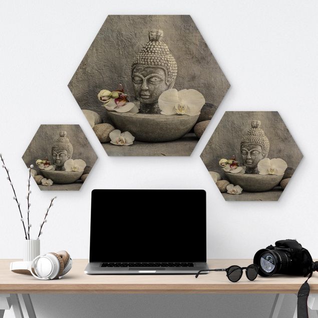 Tableaux en bois Bouddha Zen, Orchidée et Pierre