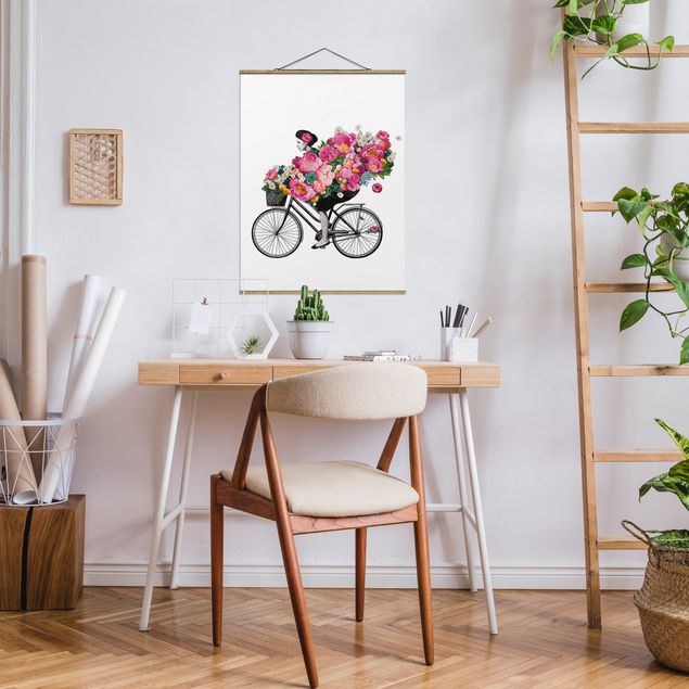 Tableaux modernes Illustration Femme à Bicyclette Collage Fleurs Colorées