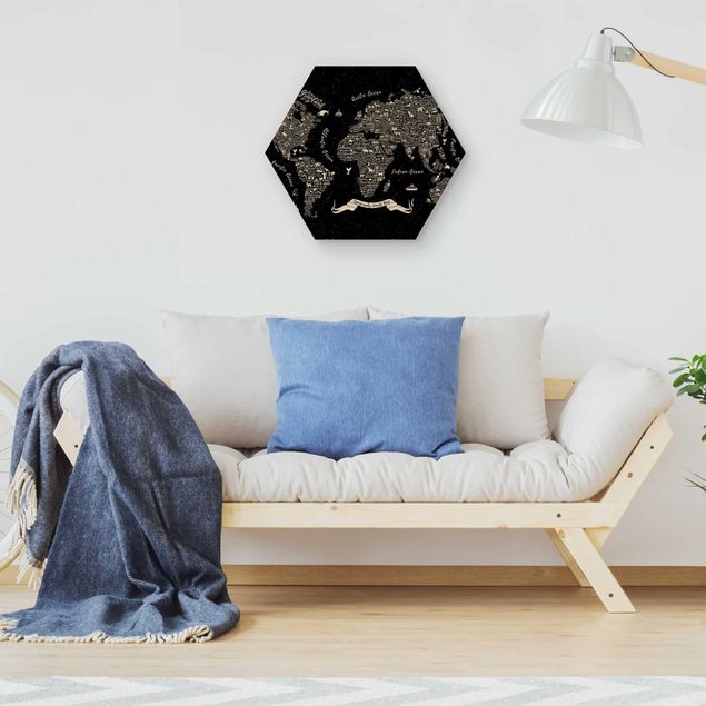 Tableaux en bois avec citations Typographie Carte du Monde Noir