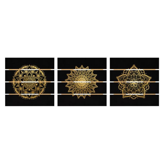 Impression sur bois - Mandala Flower Sun Illustration Set Black Gold