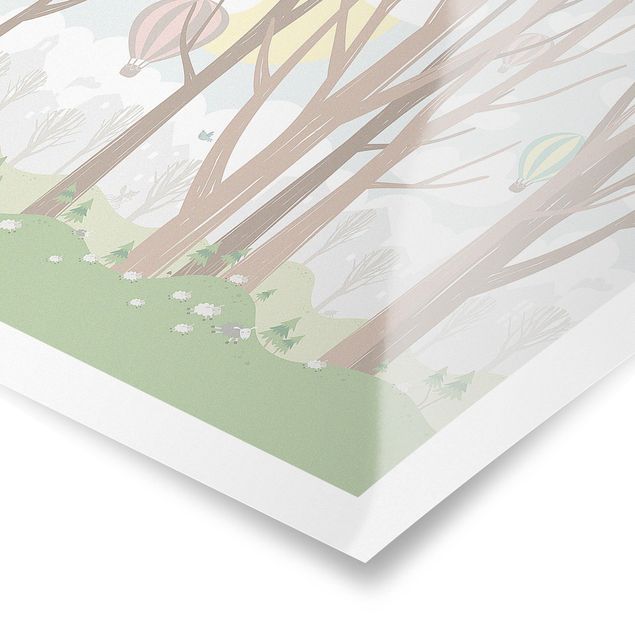 Poster paysage Soleil avec arbres et montgolfières