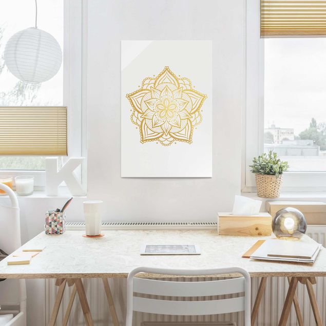 Tableaux zen Illustration Mandala Fleur Or Blanc