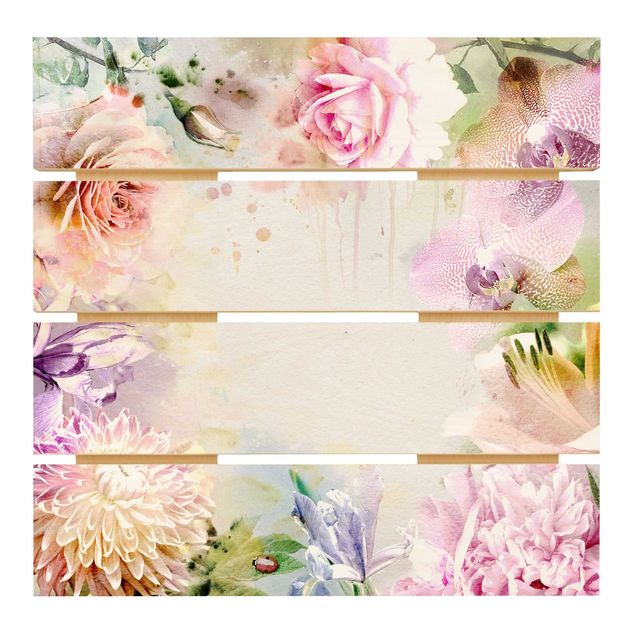 Tableaux en bois Mélange de fleurs pastel à l'aquarelle
