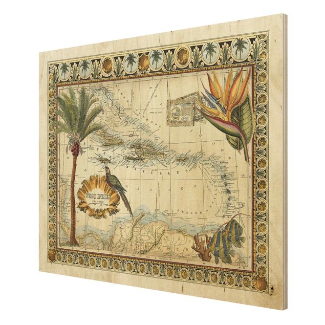 Tableaux en bois avec paysage Carte Vintage Tropicale Antilles