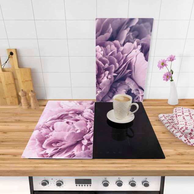 Protection plaque de cuisson Fleurs de pivoines violettes