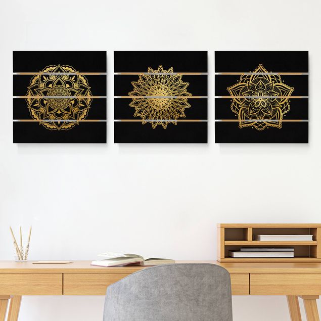 Tableaux muraux Mandala Flower Sun Illustration Set Black Gold