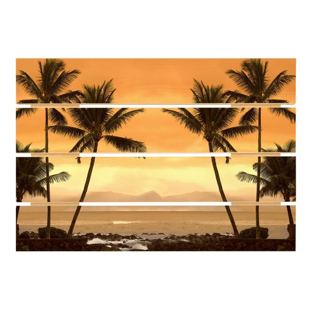Tableaux en bois avec plage & mer Coucher de soleil des Caraïbes II