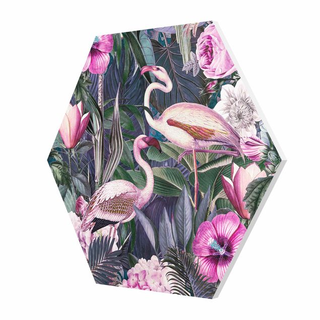 Tableaux forex Collage coloré - Flamants roses dans la jungle