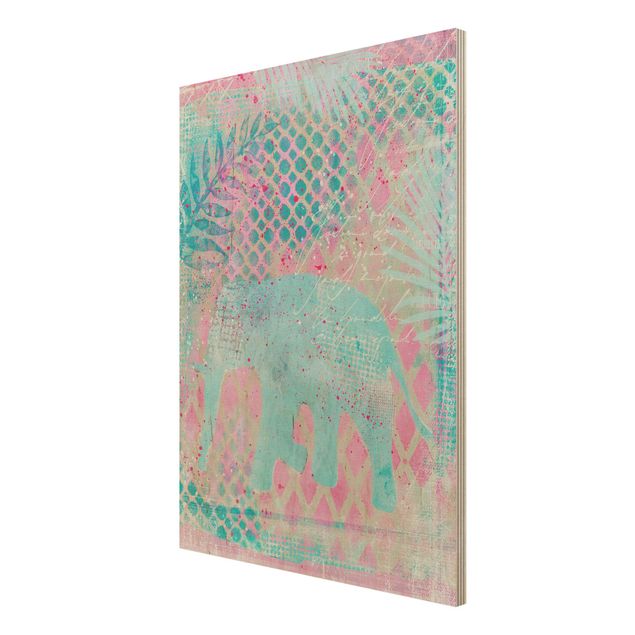 Tableaux en bois avec paysage Collage coloré - Eléphant en bleu et rose