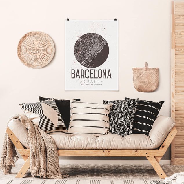 Posters en noir et blanc Plan de ville de Barcelone - Rétro