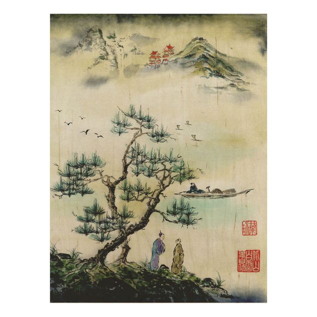 Tableaux en bois avec paysage Dessin Aquarelle Japonaise Pin et Village de Montagne