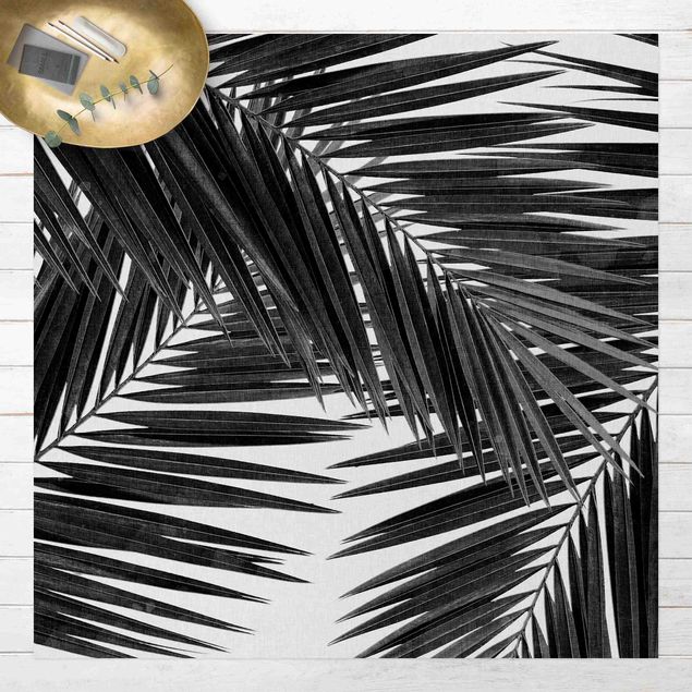tapis extérieur terrasse Vue sur des feuilles de palmier noir et blanc