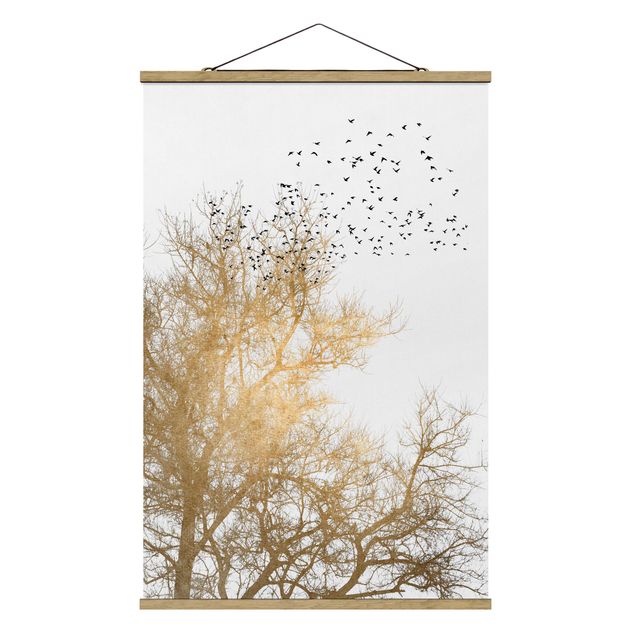 Tableaux modernes Foule d'oiseaux devant un arbre doré