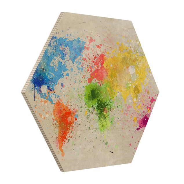 Hexagone en bois - Colourful Splodges World Map