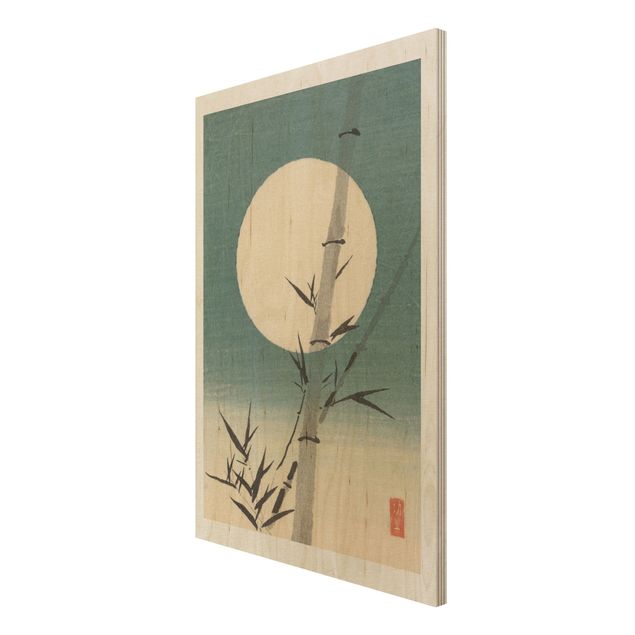 Tableau vintage bois Dessin Japonais Bambou Et Lune