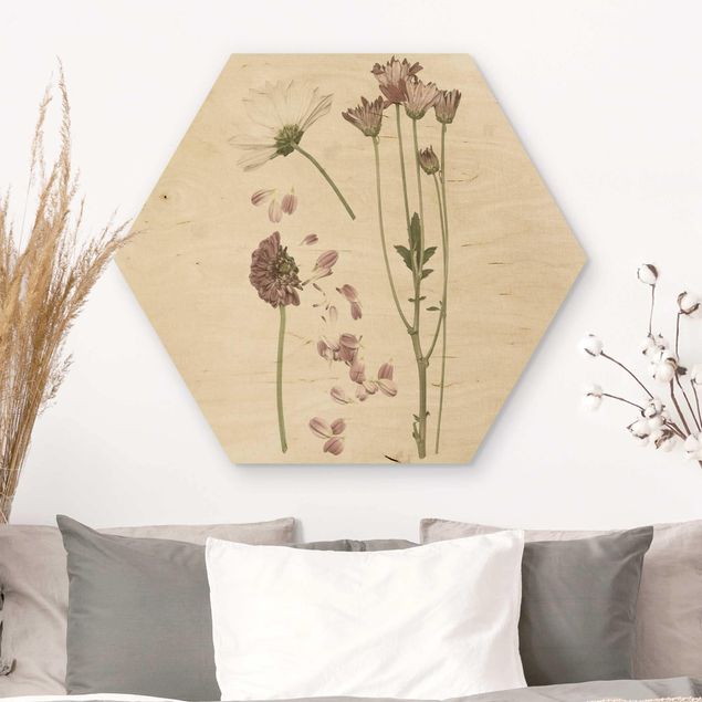 Tableaux en bois avec fleurs Herbier en rose II