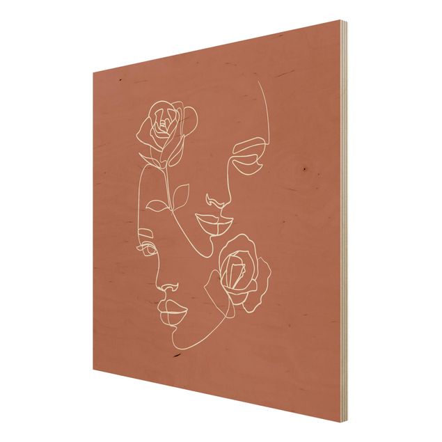 Tableau artistique Line Art Visages Femmes Roses Cuivre